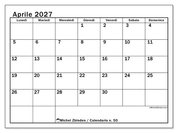 Calendario aprile 2027 da stampare - Pianificazione ottimale