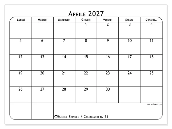 Calendario aprile 2027 da stampare - Pianificatore dei pasti