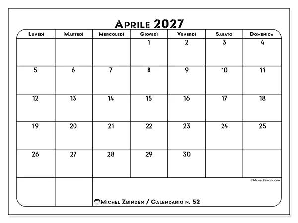 Calendario aprile 2027 da stampare - Organizzazione professionale