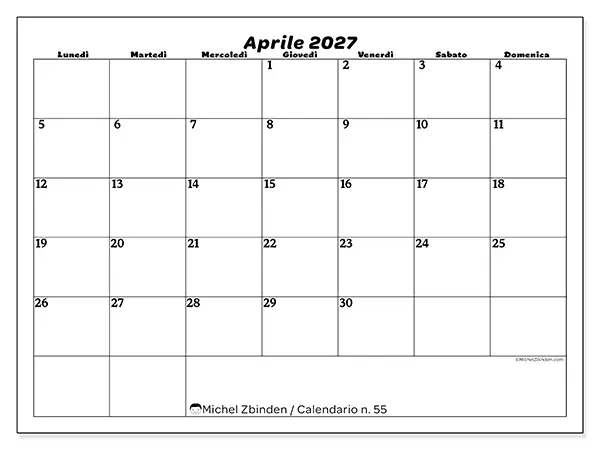 Calendario aprile 2027 da stampare - Organizzazione del tempo libero