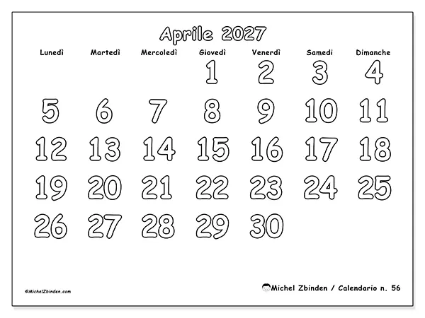 Calendario aprile 2027 da stampare - Colorare utile