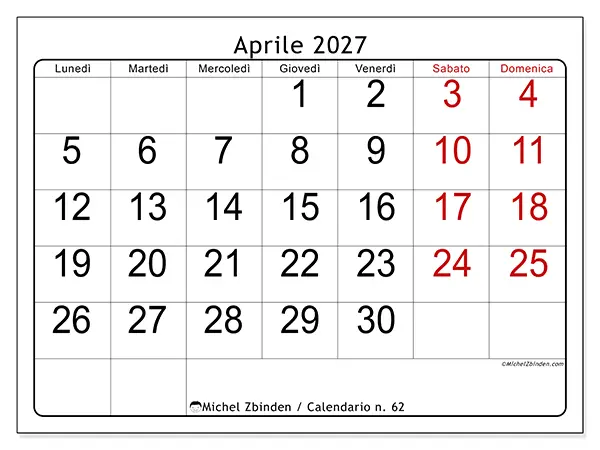Calendario aprile 2027 da stampare - Lettura rapida