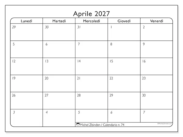 Calendario aprile 2027 da stampare - Organizzazione del lavoro