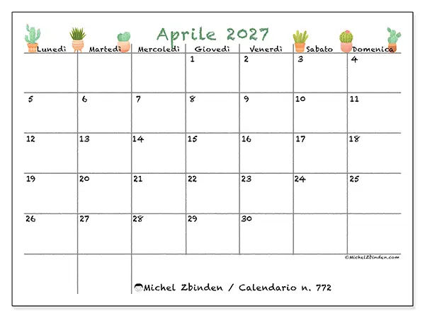 Calendario aprile 2027 da stampare - Cactus decorativi