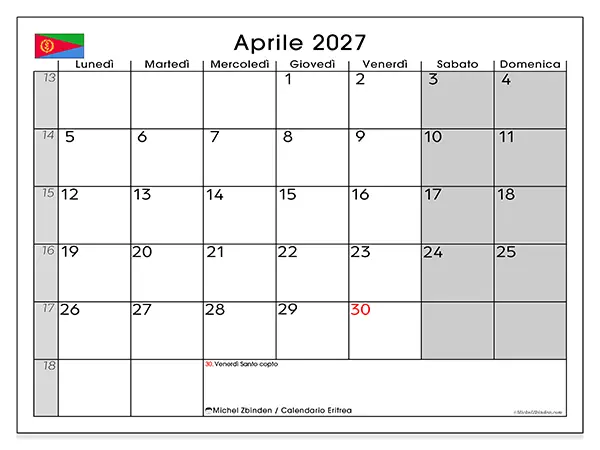 Calendario aprile 2027 da stampare - Eritrea