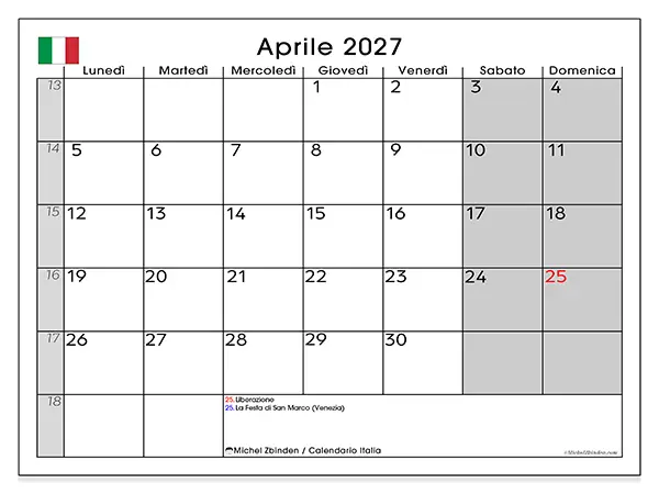 Calendario aprile 2027 da stampare - Italia