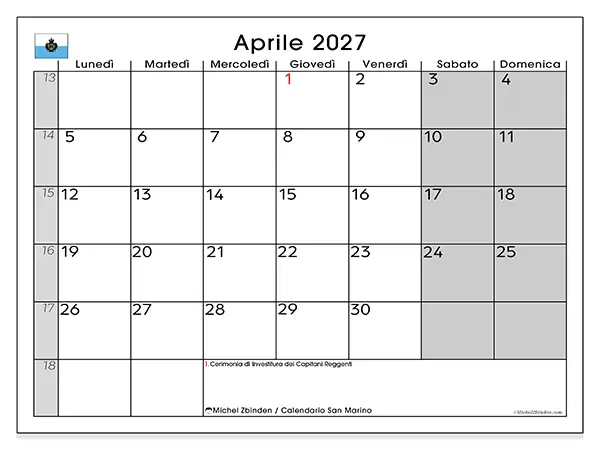 Calendario aprile 2027 da stampare - San Marino
