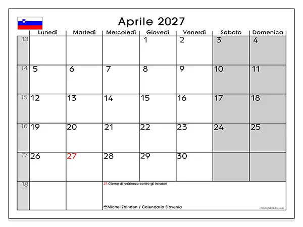 Calendario aprile 2027 da stampare - Slovenia
