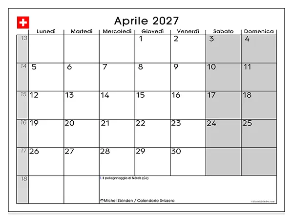 Calendario aprile 2027 da stampare - Svizzera