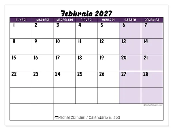 Calendario febbraio 2027 da stampare - Efficienza colorata