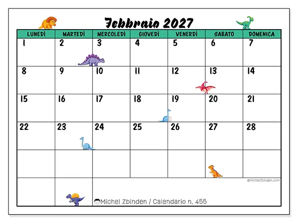 Calendario febbraio 2027 da stampare - Piccoli dinosauri