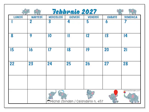 Calendario febbraio 2027 da stampare - Piccoli elefanti