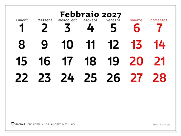 Calendario febbraio 2027 da stampare - Visione chiara