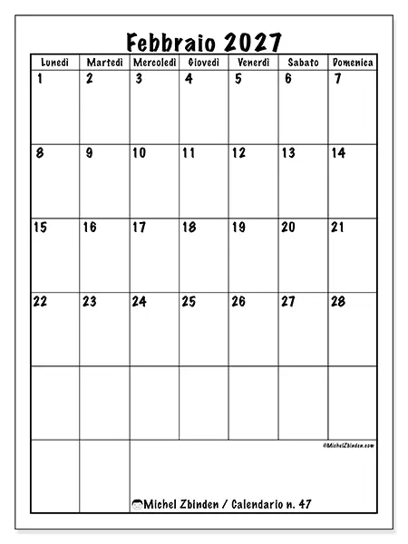 Calendario febbraio 2027 da stampare - Pianificazione efficiente