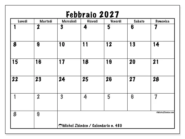 Calendario febbraio 2027 da stampare - Pianificazione completa