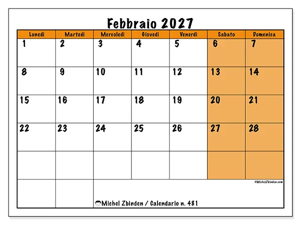 Calendario febbraio 2027 da stampare - Pianificazione dinamica