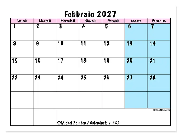 Calendario febbraio 2027 da stampare - Orario di squadra