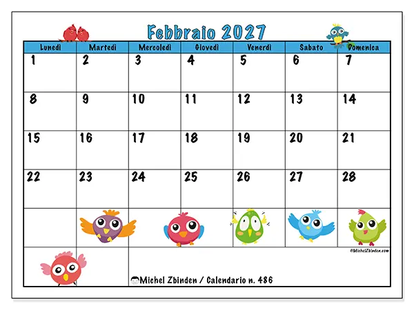 Calendario febbraio 2027 da stampare - Uccelli divertenti