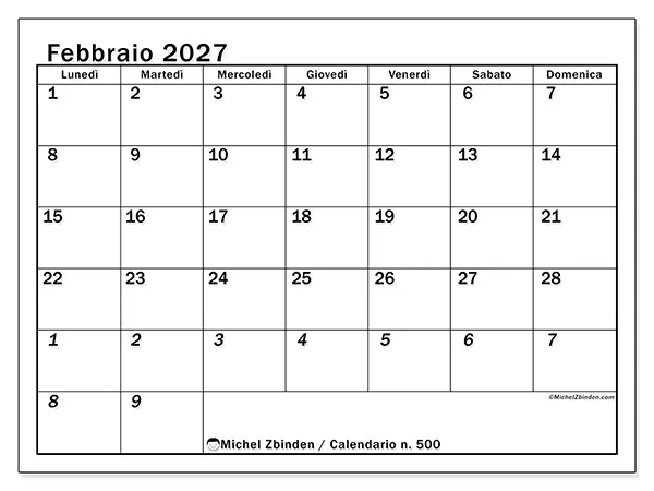 Calendario febbraio 2027 da stampare - Pianificazione intensiva