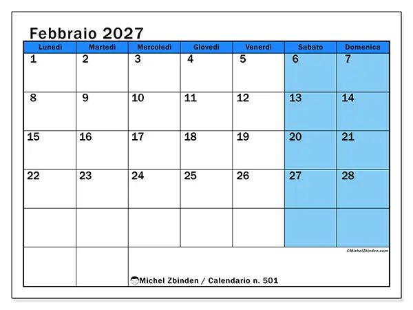 Calendario febbraio 2027 da stampare - Studi dinamici