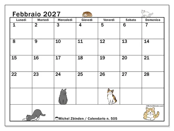 Calendario febbraio 2027 da stampare - Vita di gatto