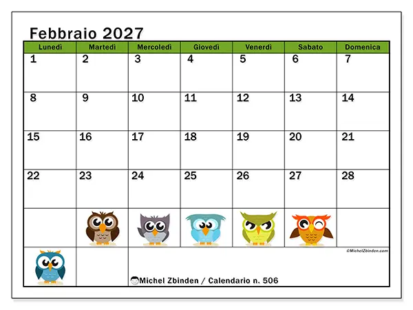 Calendario febbraio 2027 da stampare - Gufi divertenti