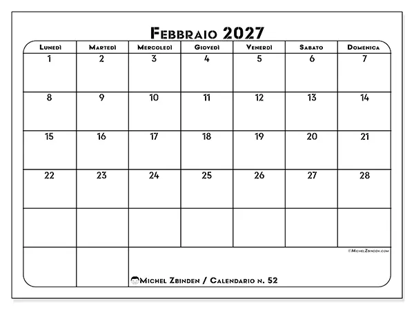 Calendario febbraio 2027 da stampare - Organizzazione professionale
