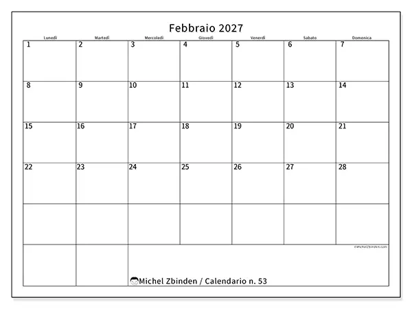Calendario febbraio 2027 da stampare - Orario efficiente