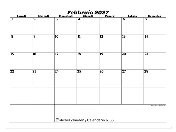 Calendario febbraio 2027 da stampare - Organizzazione del tempo libero