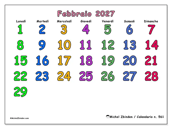 Calendario febbraio 2027 da stampare - Momenti creativi