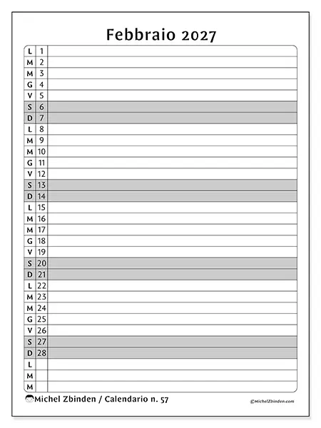 Calendario febbraio 2027 da stampare - Lista delle attività
