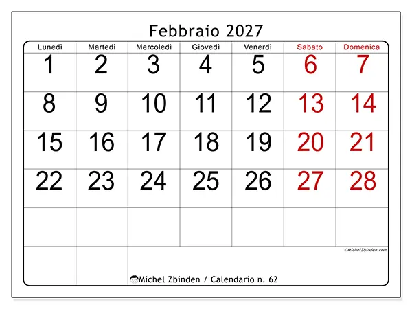 Calendario febbraio 2027 da stampare - Lettura rapida