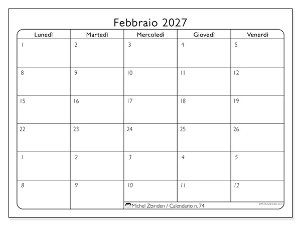 Calendario febbraio 2027 da stampare - Organizzazione del lavoro