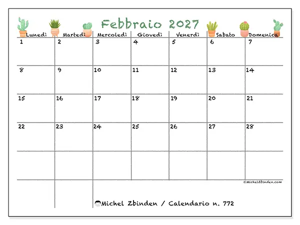 Calendario febbraio 2027 da stampare - Cactus decorativi