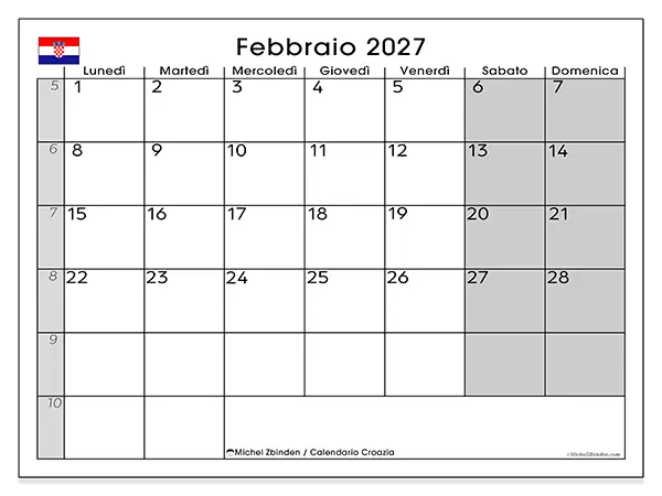 Calendario febbraio 2027 da stampare - Croazia