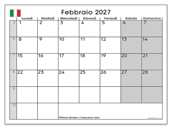 Calendario febbraio 2027 da stampare - Italia