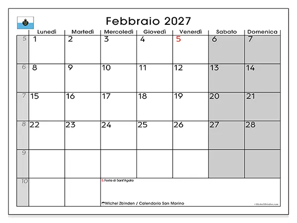 Calendario febbraio 2027 da stampare - San Marino