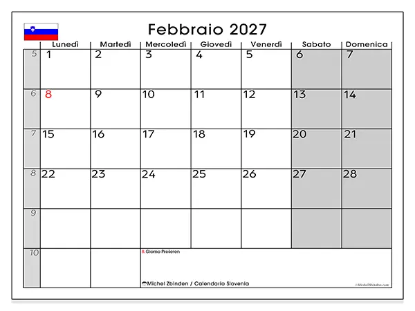 Calendario febbraio 2027 da stampare - Slovenia