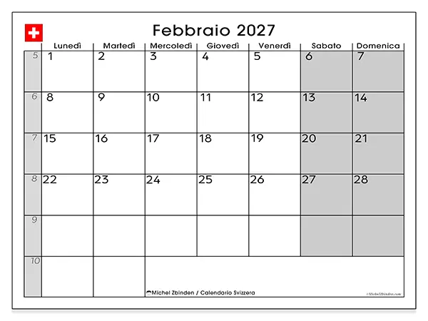 Calendario febbraio 2027 da stampare - Svizzera