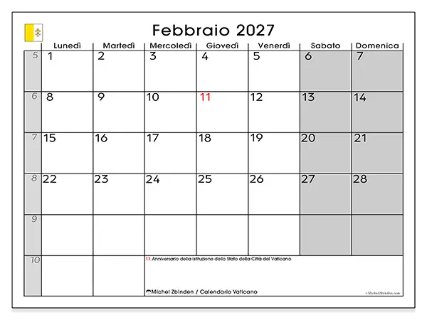Calendario febbraio 2027 da stampare - Vaticano