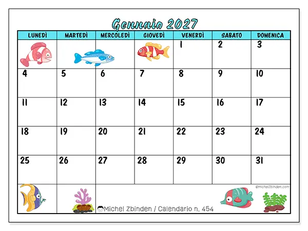 Calendario gennaio 2027 da stampare - Pesci colorati