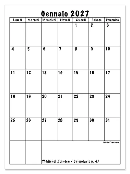 Calendario gennaio 2027 da stampare - Pianificazione efficiente