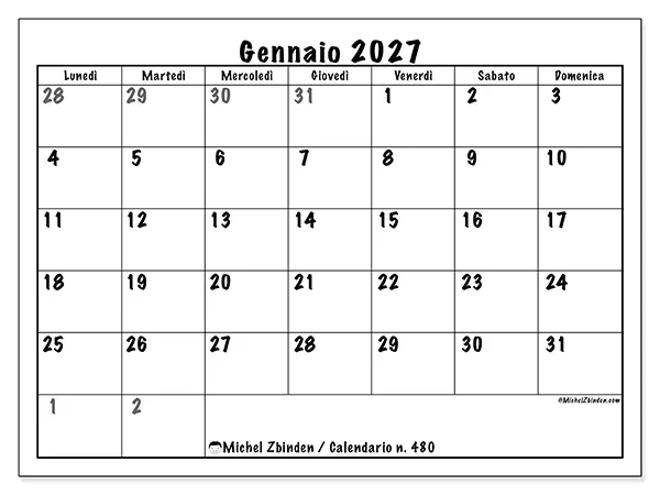 Calendario gennaio 2027 da stampare - Pianificazione completa