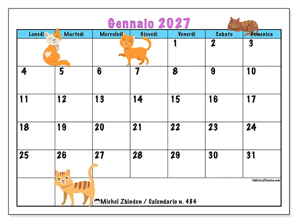 Calendario gennaio 2027 da stampare - Amore per i gatti