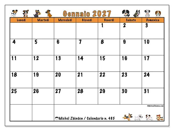Calendario gennaio 2027 da stampare - Cani entusiasti
