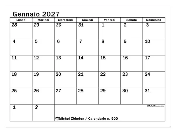 Calendario gennaio 2027 da stampare - Pianificazione intensiva