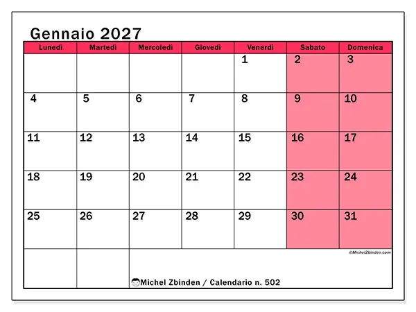 Calendario gennaio 2027 da stampare - Gestione luminosa