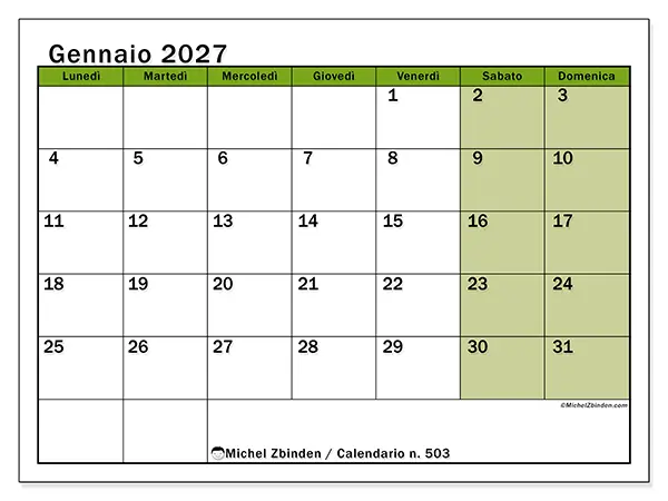 Calendario gennaio 2027 da stampare - Organizzazione vivace