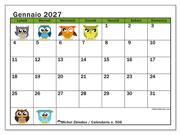 Calendario gennaio 2027 da stampare - Gufi divertenti