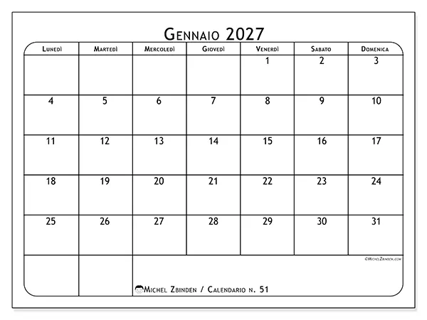 Calendario gennaio 2027 da stampare - Pianificatore dei pasti